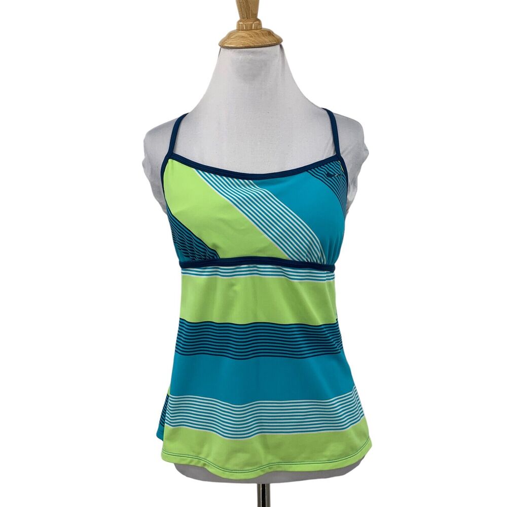 Nike Tankini Womens 10 Blue Green Striped Lightly Padded Moisture Wick UPF
